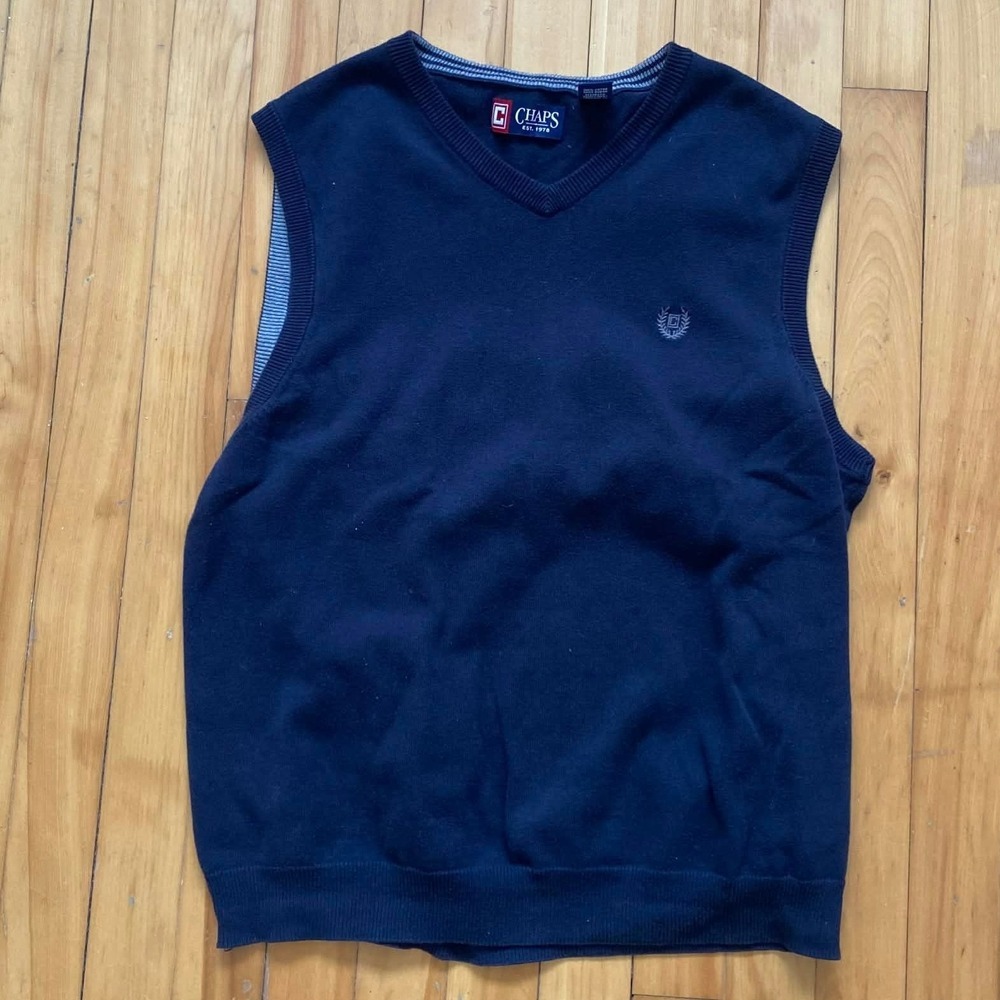 Chaps V Neck Sweater Vest Navy Blue Men's Size Medium Classic Knit Cotton
